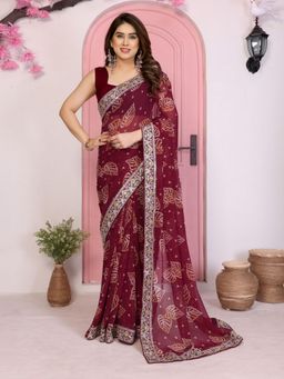 Odette - Maroon Georgette Printed Saree with Unstitched Blouse