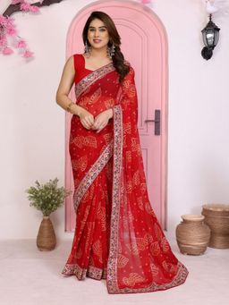 Odette - Red Georgette Printed Saree with Unstitched Blouse