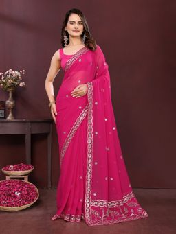 Odette - Pink Georgette Solid Saree with Unstitched Blouse