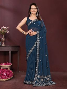 Odette - Navy Blue Georgette Solid Saree with Unstitched Blouse
