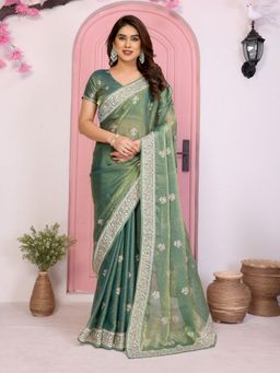 Odette - Sage Green Chiffon Solid Saree with Unstitched Blouse