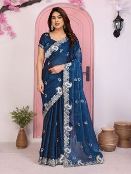 Odette - Blue Chiffon Solid Saree with Unstitched Blouse