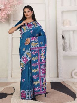 Odette - Teal Blue Cotton Blend Printed Saree with Unstitched Blouse