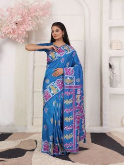 Odette - Blue Cotton Blend Printed Saree with Unstitched Blouse