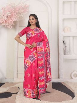 Odette - Pink Cotton Blend Printed Saree with Unstitched Blouse
