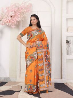 Odette - Orange Cotton Blend Printed Saree with Unstitched Blouse