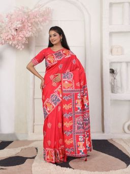 Odette - Red Cotton Blend Printed Saree with Unstitched Blouse