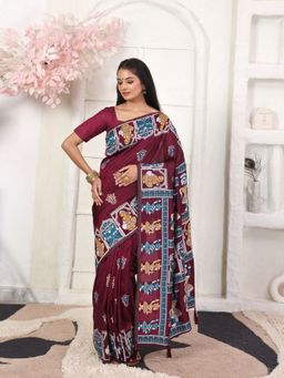 Odette - Maroon Cotton Blend Printed Saree with Unstitched Blouse