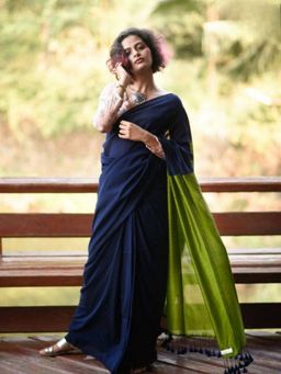 Odette - Navy Blue Cotton Blend Solid Saree with Unstitched Blouse