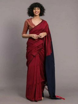 Odette - Maroon Cotton Blend Solid Saree with Unstitched Blouse