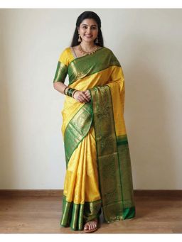 AMRUTKALA SAREES - Yellow Designer Banarasi Silk Kanjivaram Saree with Unstitched Blouse