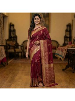 AMRUTKALA SAREES - Maroon Banarasi Silk Kanjivaram Saree with Unstitched Blouse