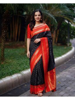 AMRUTKALA SAREES - Women's Black Designer Banarasi Silk Kanjivaram Saree with Unstitched Blouse