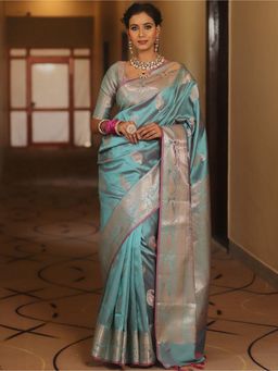 AMRUTKALA SAREES - Teal Designer Banarasi Silk Kanjivaram Saree with Unstitched Blouse