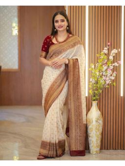 AMRUTKALA SAREES - White Designer Banarasi Silk Kanjivaram Saree with Unstitched Blouse