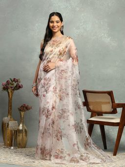 MEENA BAZAAR - Printed Organza Beige Saree Without Blouse