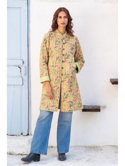 NAVYAS FASHION - Green Floral Block Printed Folded Sleeves Quilted Coat