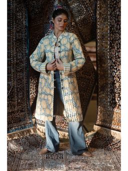 NAVYAS FASHION - Green Hand Block Printed Folded Sleeves Quilted Coat