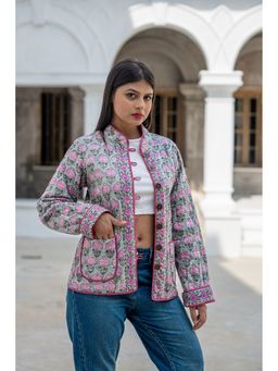 NAVYAS FASHION - Grey Floral Hand Block Printed Reversible Quilted Jacket
