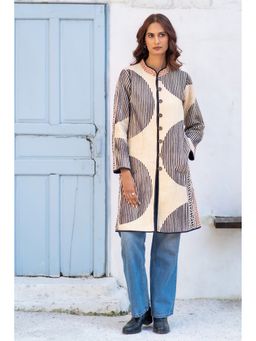 NAVYAS FASHION - Beige Hand Block Printed Reversible Quilted Coat
