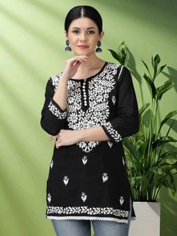 Seva Chikan - Hand Embroidered Black Cotton Lucknowi Chikankari Tunic