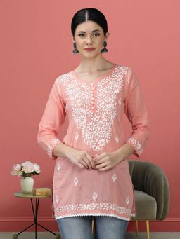 Seva Chikan - Hand Embroidered Peach Cotton Lucknowi Chikankari Tunic