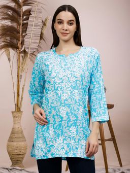 Seva Chikan - Hand Embroidered Blue Cotton Lucknowi Chikankari Tunic