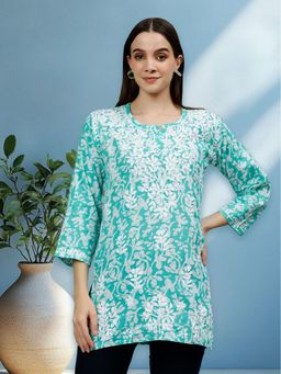 Seva Chikan - Hand Embroidered Sea Aqua Cotton Lucknowi Chikankari Tunic