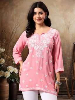 Seva Chikan - Hand Embroidered Pink Rayon Lucknowi Chikankari Tunic