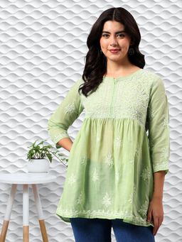 Seva Chikan - Hand Embroidered Green Terivoil Cotton Lucknowi Chikankari Tunic