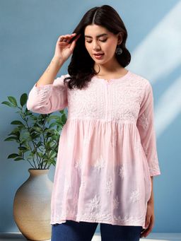 Seva Chikan - Hand Embroidered Pink Terivoil Cotton Lucknowi Chikankari Tunic