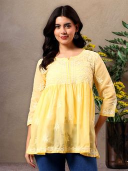 Seva Chikan - Hand Embroidered Yellow Terivoil Cotton Lucknowi Chikankari Tunic
