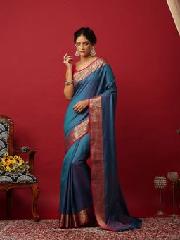 MEENA BAZAAR - Woven Art Silk Blue Saree Without Blouse