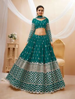 Pink Ethnic - Teal Blue Georgette Semi-Stitched Lehenga with Unstitched Choli and Dupatta
