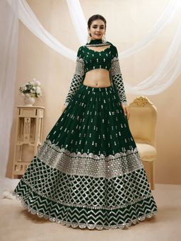 Pink Ethnic - Green Georgette Zari Semi-Stitched Lehenga with Unstitched Choli and Dupatta
