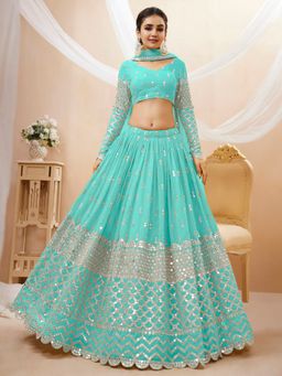 Pink Ethnic - Turquoise Georgette Semi-Stitched Lehenga with Unstitched Choli and Dupatta
