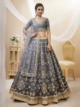 Pink Ethnic - Grey Art Silk Zari Semi-Stitched Lehenga with Unstitched Choli and Dupatta
