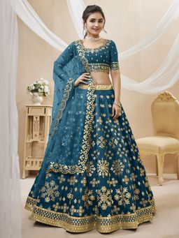 Pink Ethnic - Teal Art Silk Zari Semi-Stitched Lehenga with Unstitched Choli and Dupatta