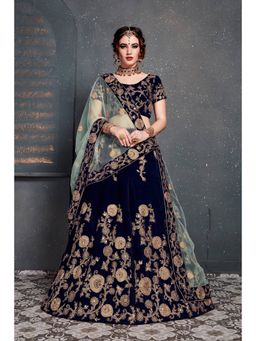 Pink Ethnic - Navy Blue Velvet Semi-Stitched Lehenga with Unstitched Choli and Dupatta