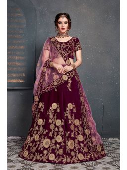 Pink Ethnic - Magenta Velvet Semi-Stitched Lehenga with Unstitched Choli and Dupatta