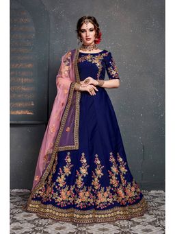 Pink Ethnic - Dark Blue Tafeta Satin Silk Semi-Stitched Lehenga with Unstitched Choli and Dupatta