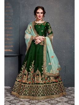 Pink Ethnic - Dark Green Tafeta Satin Silk Semi-Stitched Lehenga with Unstitched Choli and Dupatta