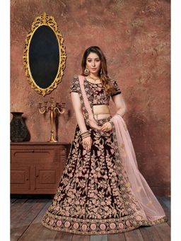 Pink Ethnic - Maroon Velvet Sequin Semi-Stitched Lehenga with Unstitched Choli and Dupatta