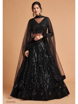 Pink Ethnic - Black Soft Net Multi Sequin Semi-Stitched Lehenga with Unstitched Choli and Dupatta