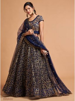 Pink Ethnic - Navy Blue Soft Net Threads Semi-Stitched Lehenga with Unstitched Choli and Dupatta