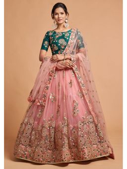 Pink Ethnic - Teal Sequin Semi-Stitched Lehenga with Unstitched Choli and Dupatta