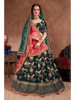 Pink Ethnic - Dark Green Taffeta Silk Semi-Stitched Lehenga with Unstitched Choli and Dupatta