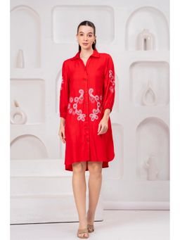 Zolo Label - Elegant Sleeve Embroidery Red Knee Length Dress
