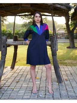 Zolo Label - Embroidered Colour Block Navy Blue Knee Length Dress