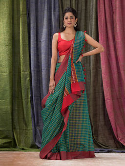 Angoshobha - Cotton Blended Teal Handloom Tangail Saree with Unstitched Blouse